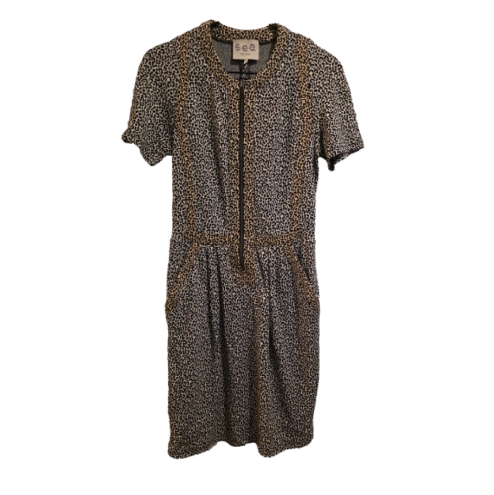 SEA NY Leopard Cheetah Print Dress Sheath Zip Up Knit Size 2
